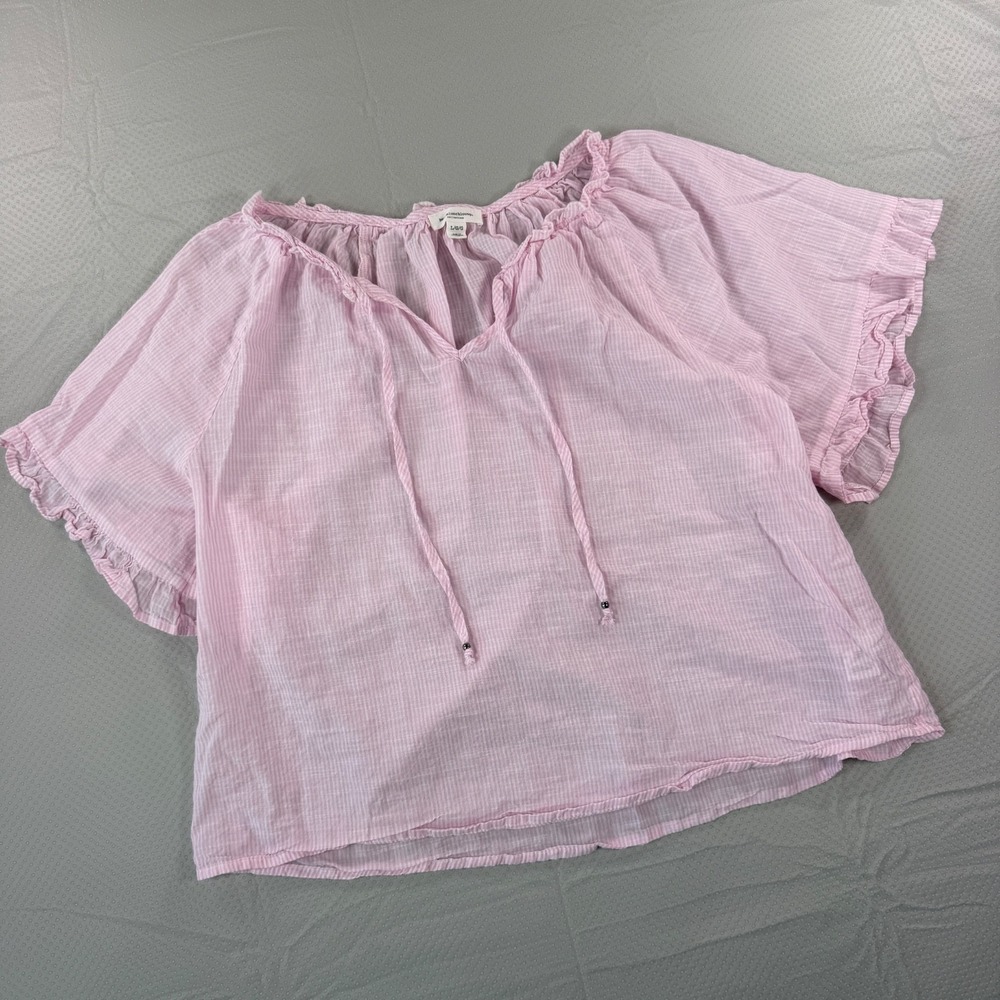 beachlunchlounge Womens Large Pink White Striped Peasant Blouse Ruffle Sleeve